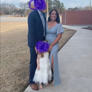 Dusty Blue David’s Bridal bridesmaid dress.